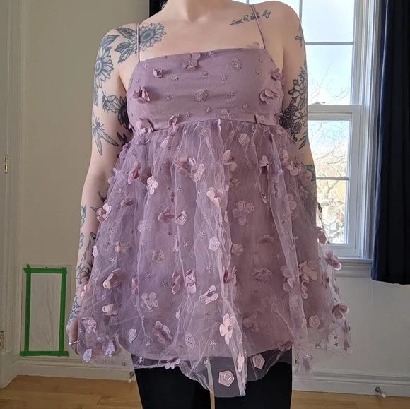 Trixxi Lavender 3D Floral Appliqué Tulle Babydoll Top - Picture 2 of 10